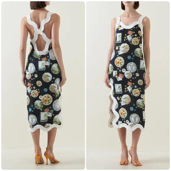 New! FARM RIO Souvenir Wave Midi Linen Dress 🧳☀️🌊 XS NWT! - Picture 7 of 16